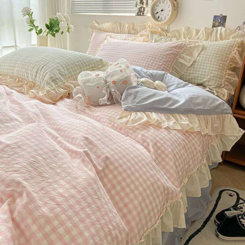 Ruffled Pink Blue Set Twin Queen Washed Microfiber Ultra Soft Bedding set Grid Duvet Cover Bed Sheet 2 Pillowcases H260312