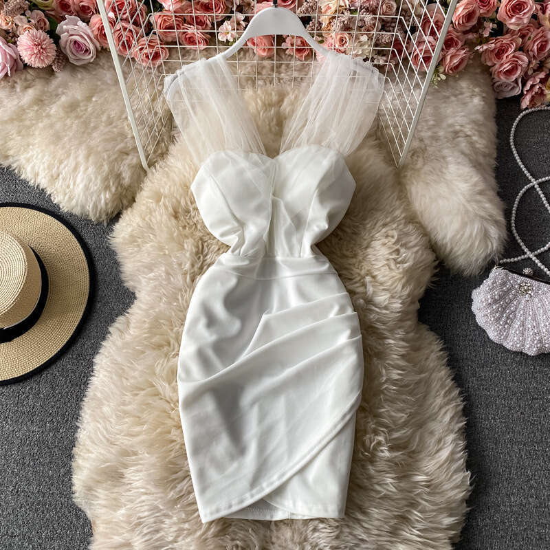 2026 New Crossover Fashion Elegant Social Celebrity a22 Style Sexy Mesh Off Shoulder Slimming Dress Suitable for Daily Wearing