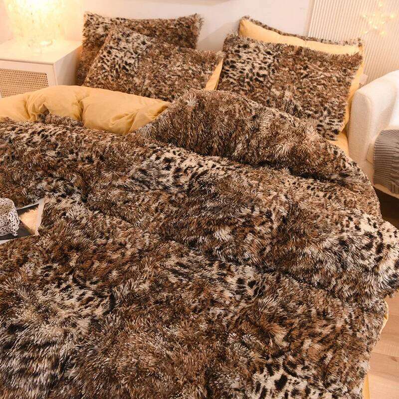 3pcs Luxurious Leopard Print Faux Fur Plush Duvet Cover Set Ultra-Soft, Warm, and Fluffy Shaggy Design with Zipper Closure - I H260312