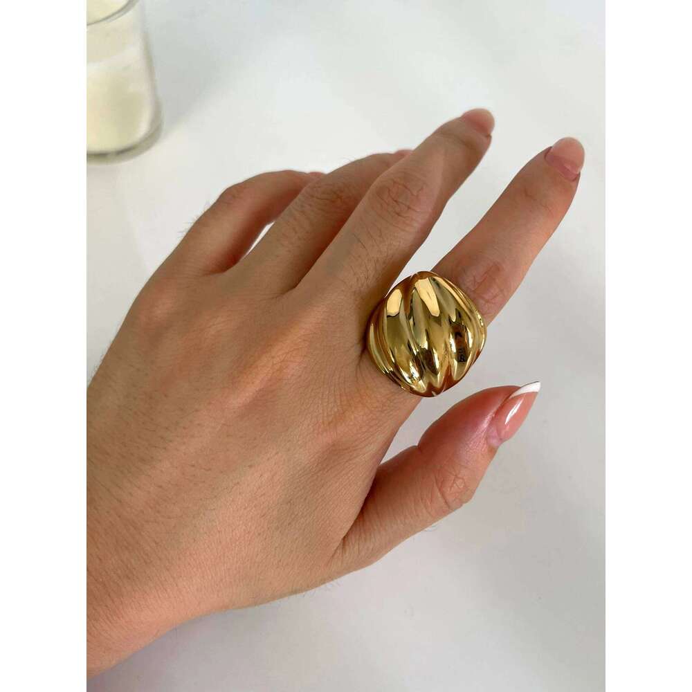 GHIDBK Hip-Hop Punk Stainless Steel Thread Wave Chunky Dome Wide Rings for Women Men Anti-Tarnish Statement Jewelry 2024 New H260312