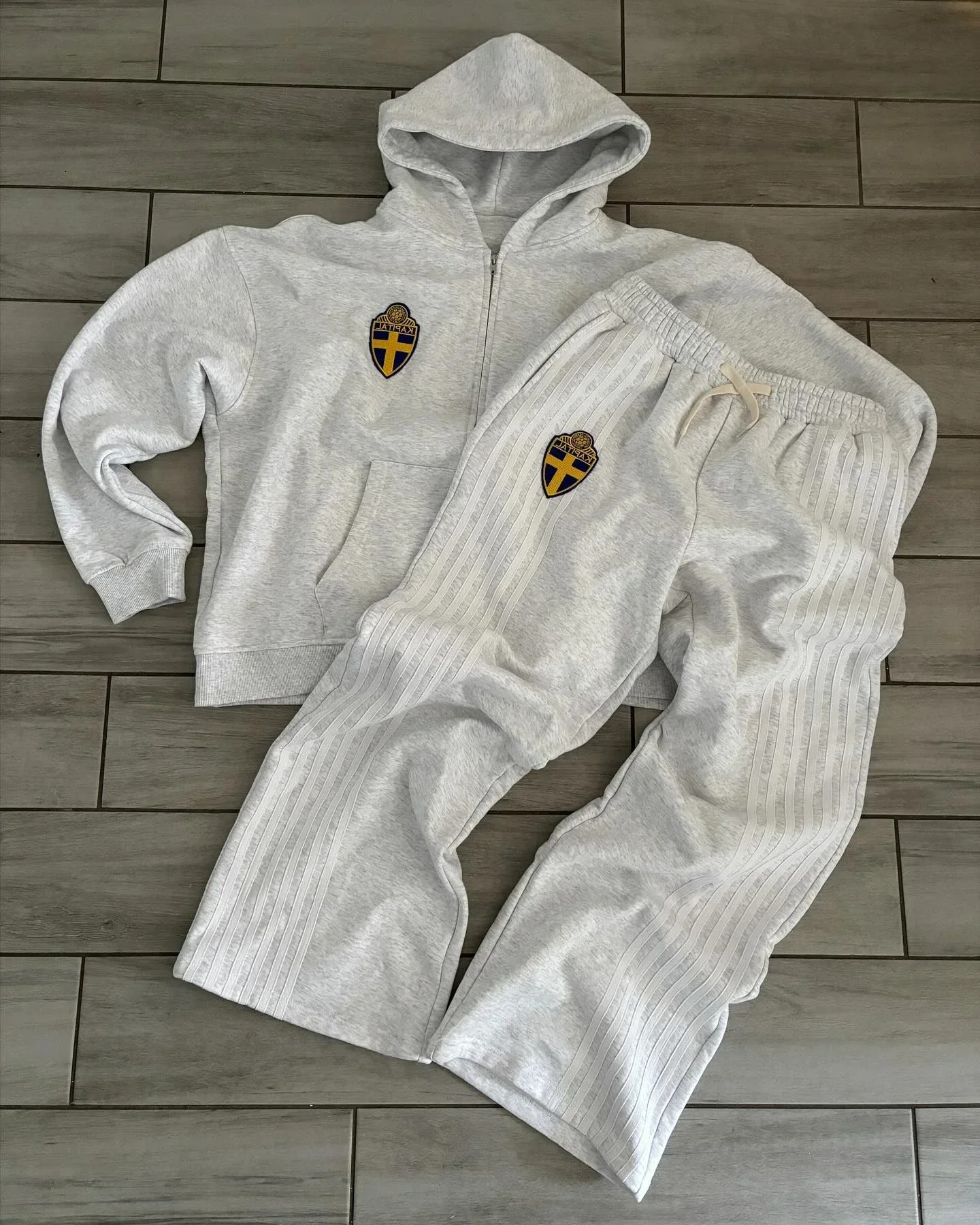 Y2K Zip Hooded Sweatpants Set Men Two Piece Hip Hop Embroidered Vintage Stripe Oversized Hooded Sweatshirt Casual Pants Set 260311