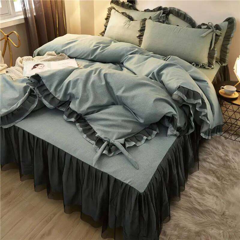 Lace Four Solid Color Girl Skirt Princess Style Bed Duvet Cover Three Piece Set 3pcs 4pcs H260312
