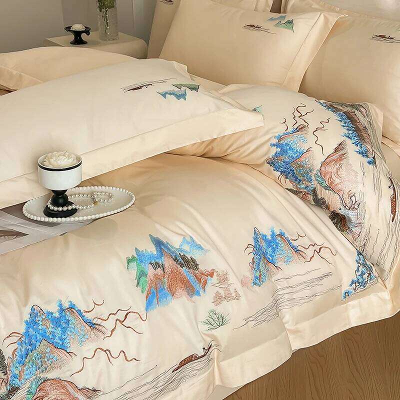 High-grade New Chinese Class A Pure Cotton Four-piece Embroidery Quilt Cover Bed Sheets King Queen Bedding Set H260312