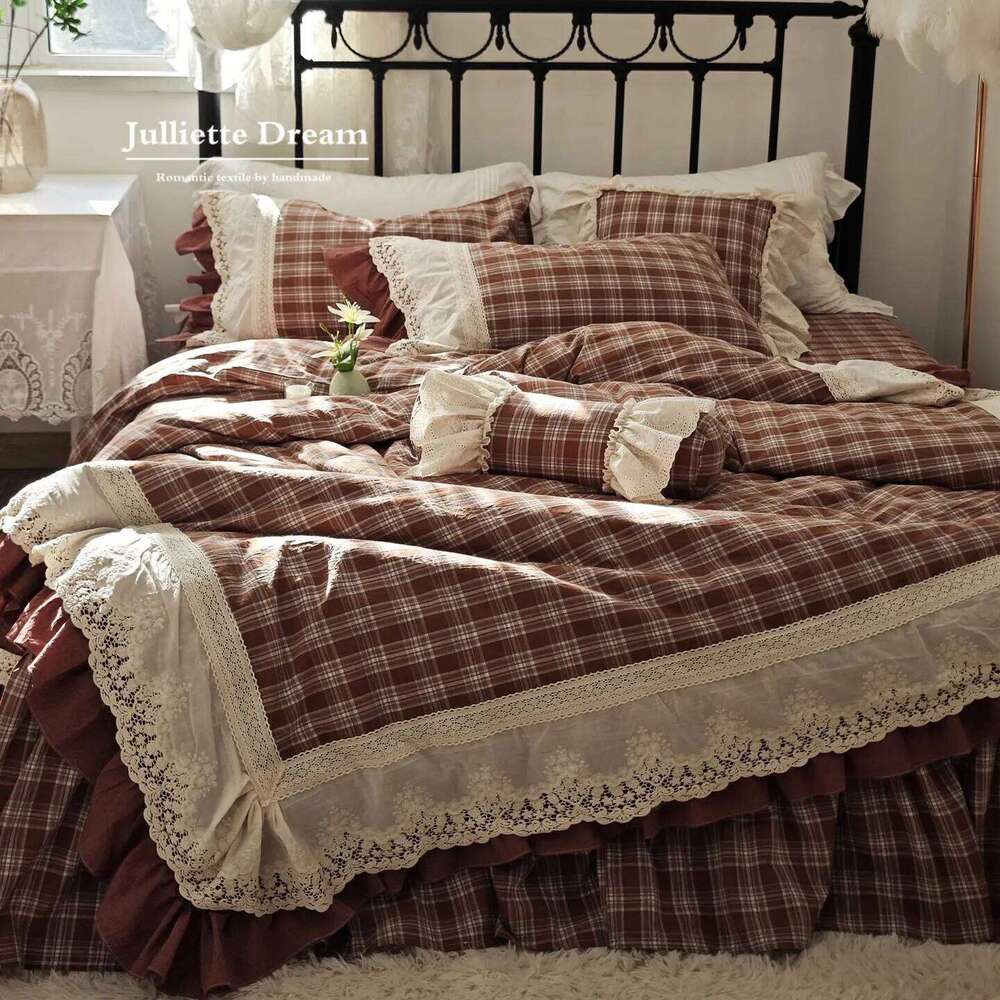Korean Style Colorful Checkered Princess Bedding Set, 100% Cotton Washed Yarn-Dyed Lace Ruffle Skirt Duvet Cover Bed Linen H260312