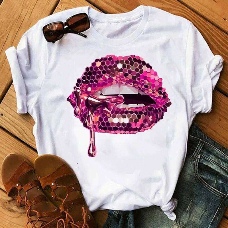 Sequins Shiny Lip Print T Short Sleeve O Neck Loose Women Tshirt Ladies Tee Shirt Tops Clothes Camisetas Mujer Z260312