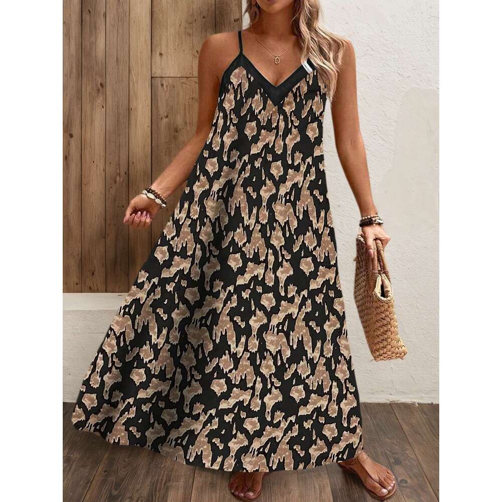 2026 Hot-Selling Summer Fashion Casual Beach European and American Cross-Border V-Neck Strap Printed Dress for Women