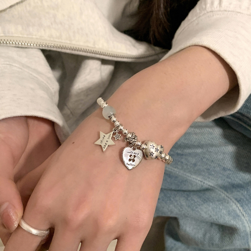 Bracelet S925 Sterling Silver Vintage Beaded Heart Star Bracelet For Women Fashionable Light Luxury Niche High-End Heavy Craft Jewelry Bracelet