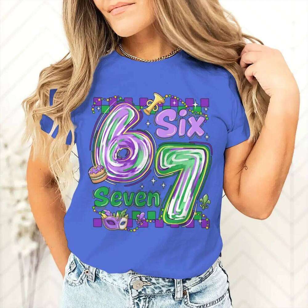 Six Seven Printed Women Shirt Mardi Gras Female T-shirt Girls Carnival Outfit Tee Vintage Holiday Short Sleeve Tops Z260312