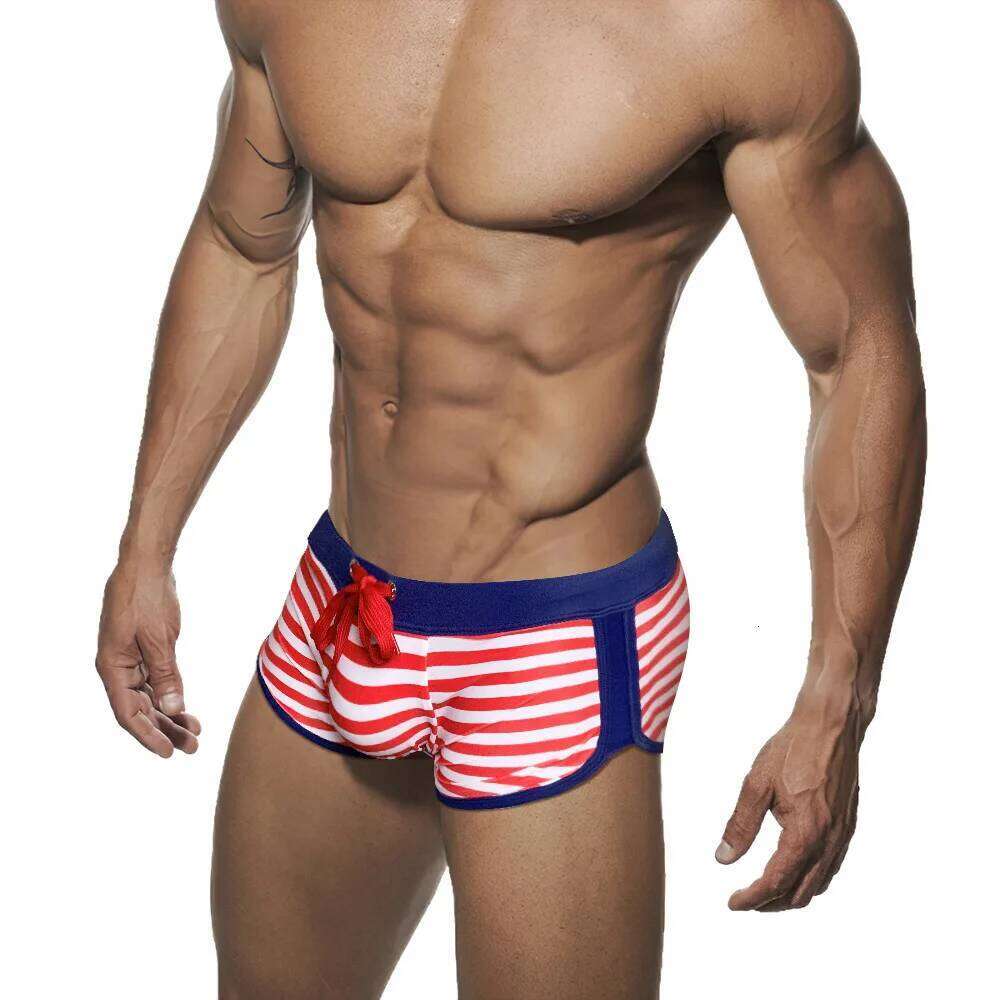 Men's boxer swim trunk striped side slit anti-embarrassing swimming trunks hot spring beach swimsuit Z260312