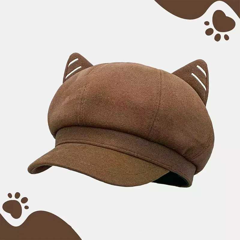 Japanese Style Cute Woolen Cat Ear Beret For Women Autumn And Winter Duckbill Octagonal Hat H260312 - view 3