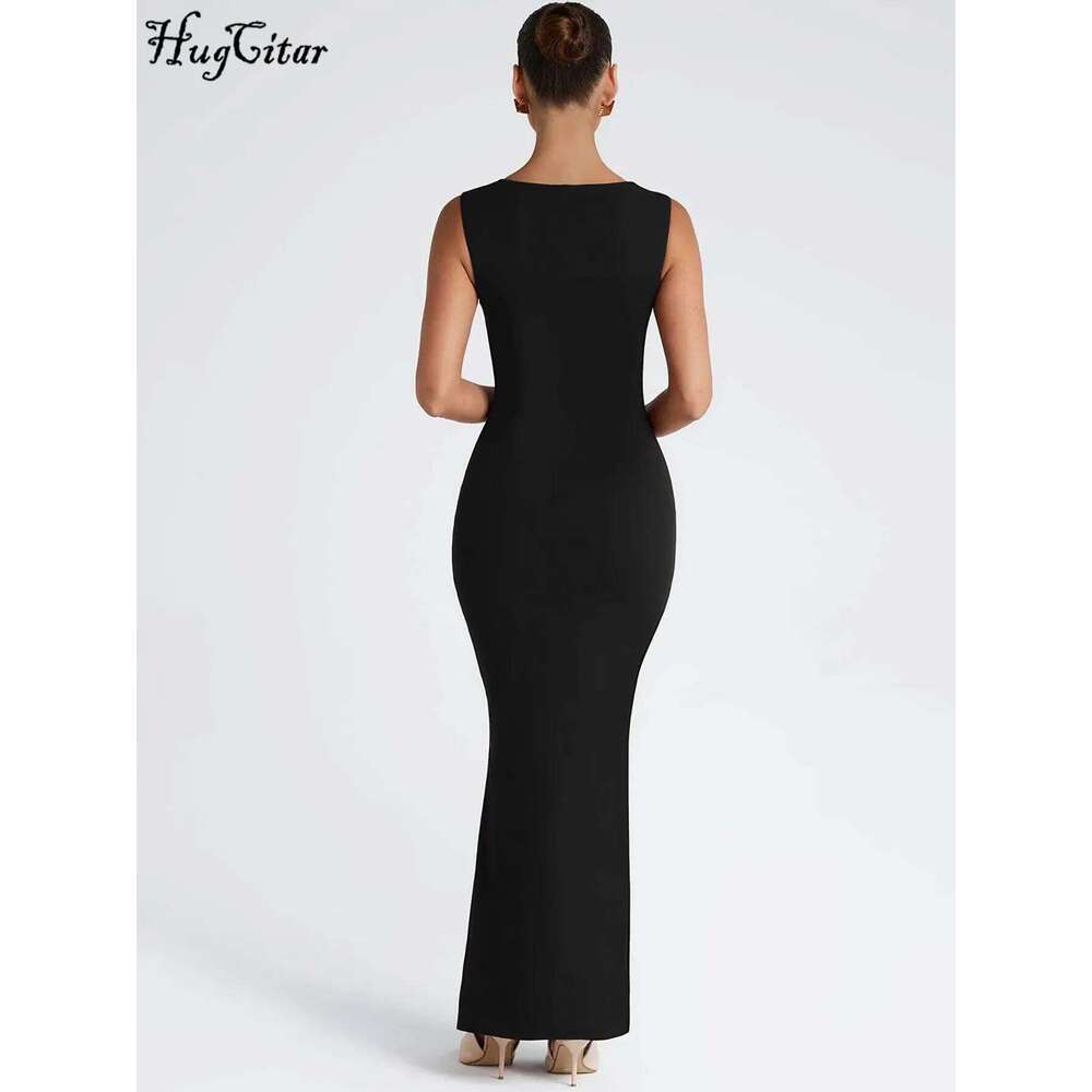 Hugcitar Elegant Solid Square Collar Straps Sexy Bodycon Maxi Prom Dress Summer Women Y2K Clothes Evening Party Birthday C260312
