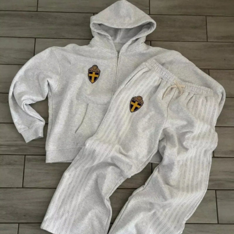 Y2K Zip Hooded Sweatpants Set Men Two Piece Hip Hop Embroidered Vintage Stripe Oversized Hooded Sweatshirt Casual Pants Set 260311