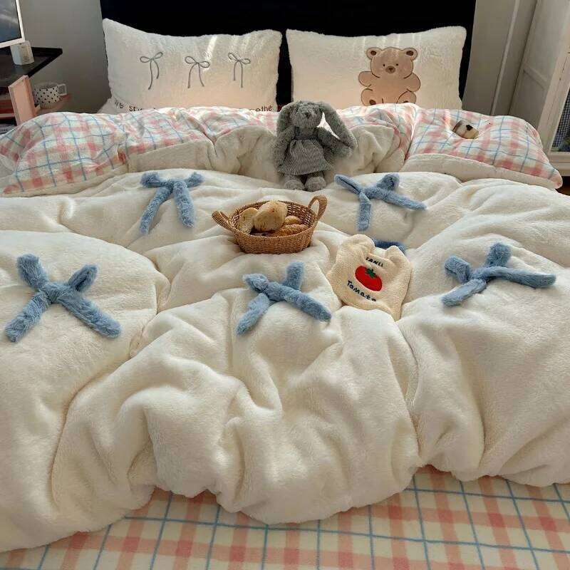 2025 winter new soft rabbit four-piece set three-dimensional bow thickened warm milk fleece duvet cover dormitory H260312