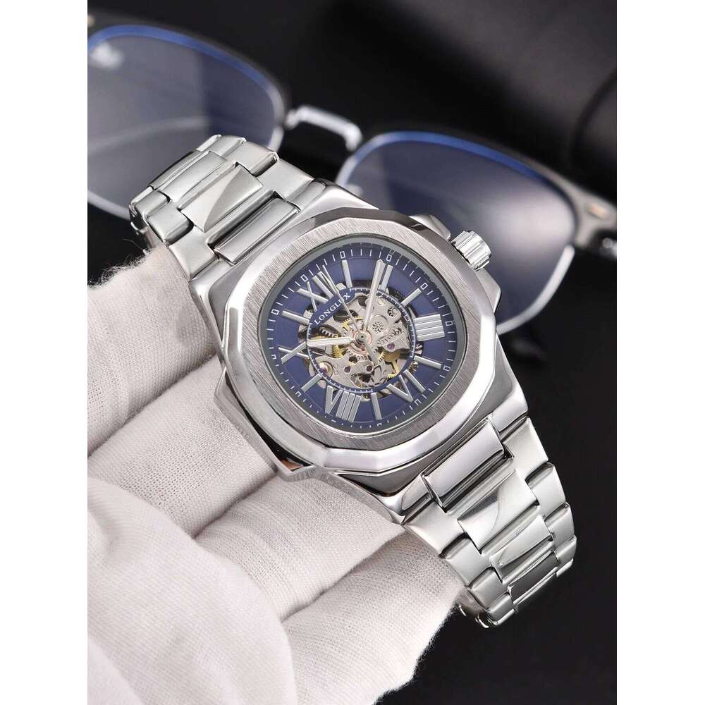 LONGLUX HOT SALE NEW automatic mechanical men rome business waterproof skeleton luminous stainless steel gift watch