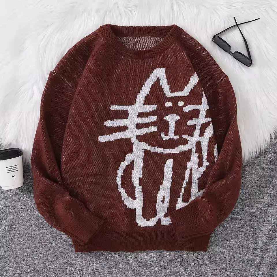 American Street Style Fashionable Loose Fitting Cat Autumn and Winter Round Neck Pullover Mens and Womens Knitted Sweater M260312