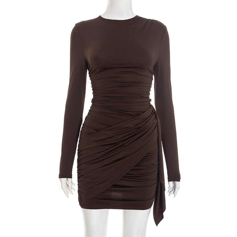 European American women's fashion autumn and winter new solid color ruched ribbon long-sleeve bodycon slim-fit elegant short dress