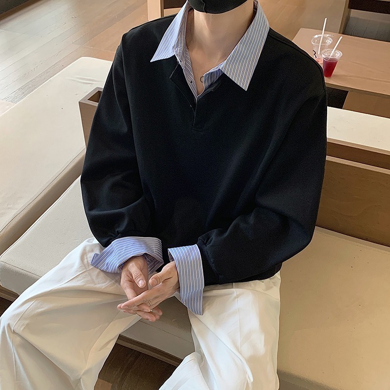 Fake Two-piece Color-blocked Shirt Collar Long-sleeve Fleece-lined Sweatshirt For Designer Hoodie Men Loose Casual Versatile Polo Base Shirt