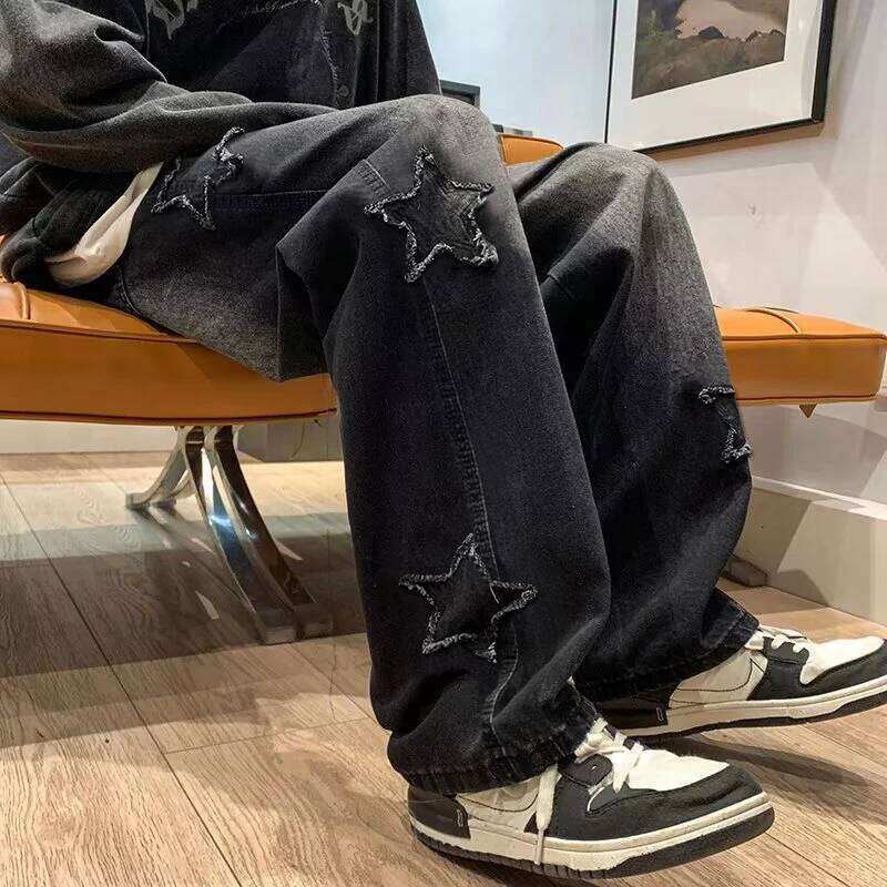 Star Embroidery Straight Casual Men Jeans Gothic Neutral New Wide Leg Loose Hip-hop Fashion Youth Streetwear Denim Trousers Y2K 26Y0312
