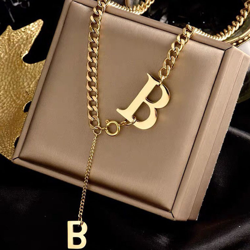 Luxury Brand Designer Jewelry European And American Stainless Steel Necklace For Women, Titanium Steel Hip-Hop Letter B Trendy Brand Sweater Chain, Th