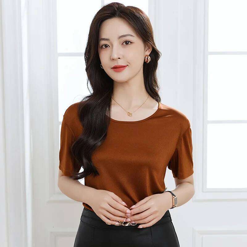 Summer High-End Women's Short Sleeve T-Shirt Acetate Fabric Knitted European Style Thin Hot Selling Top For Ladies MAKOUFEI