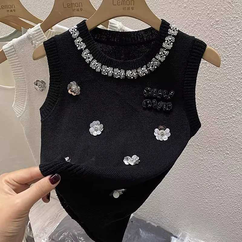Floral Beading Slim Knit Vests Women Crop Tops 2025 Summer Sleeveless O-neck Knitwear Pullover Elegant Vintage Stylish VestsT260312