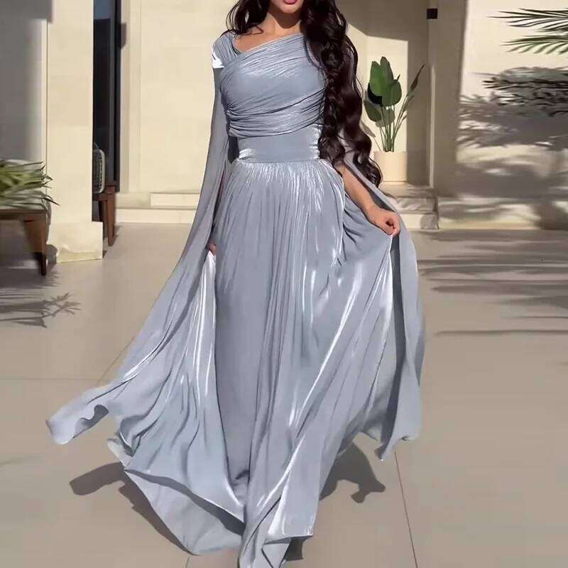 Elegant Slant Shoulder Draped Gowns Casual Split Sleeve Solid Party Women Fashion Hight Waist Slim Long Dress C260312