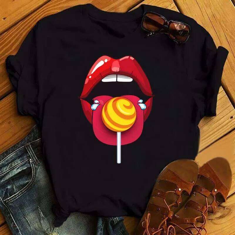 Sexy Colorful Diamonds Lip Print T Short Sleeve O Neck Loose Women Tshirt Ladies Tee Shirt Tops Camisetas Mujer Z260312