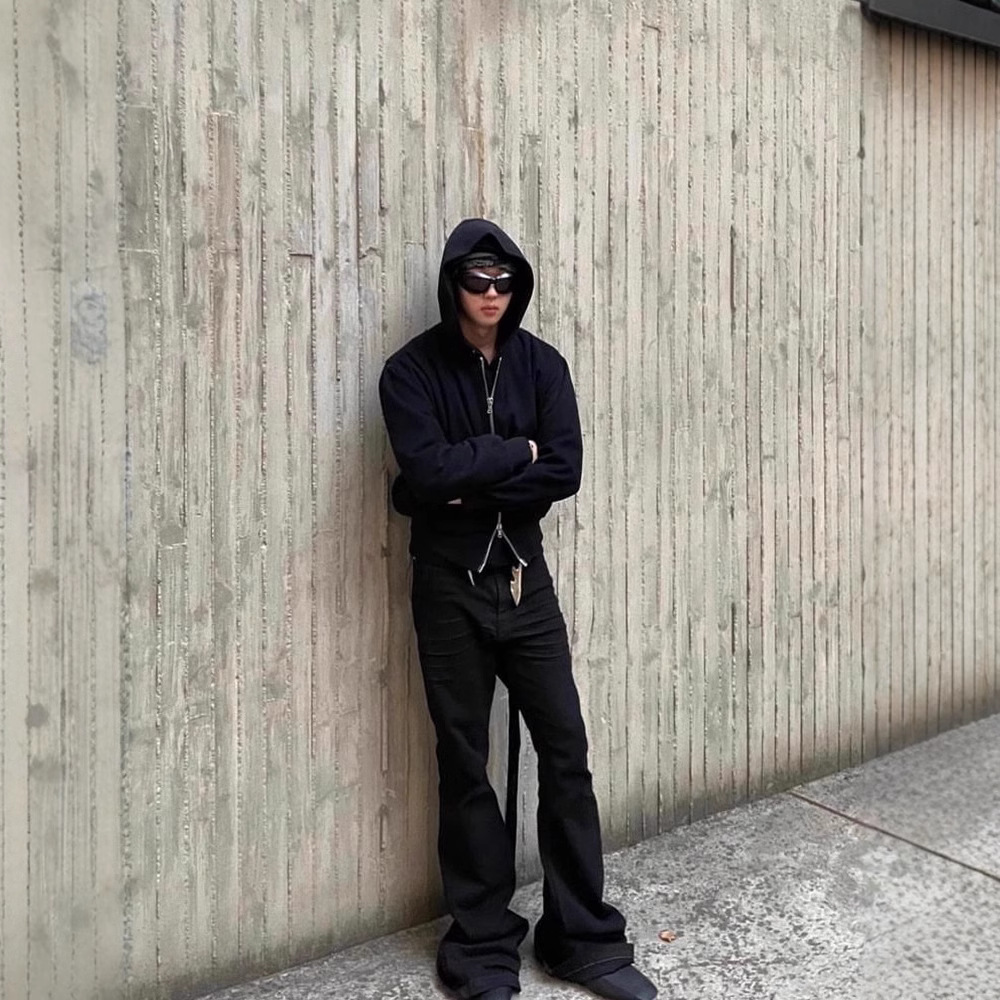 Men's Jeans Mainline Dark Aesthetic High Stretch Floor-Length Pure Black Brushed Denim Jeans Wide Leg Flared Pants Slim Fit Trendy Streetwear