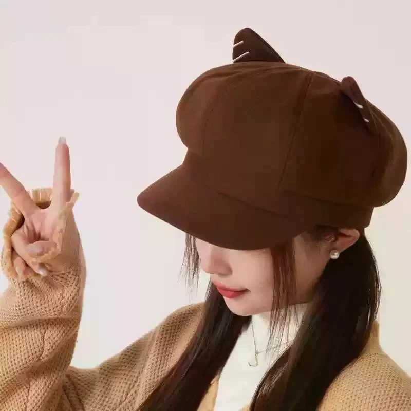 Japanese Style Cute Woolen Cat Ear Beret For Women Autumn And Winter Duckbill Octagonal Hat H260312 - view 6