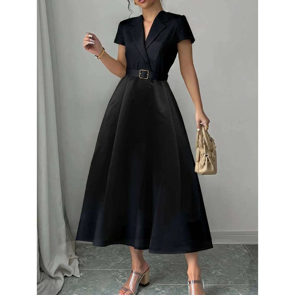 Women Elegant Satin Pleated A-Line Dress with Belt Lapel Collar Short Sleeve Black Office Lady Casual Dresses C260311