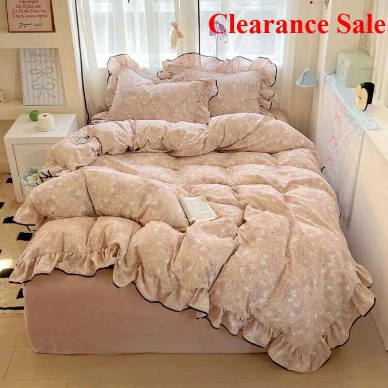 New cream lace girl powder grid Korean version bed four-piece set washed cotton double-layer yarn quilt cover dormitory H260312