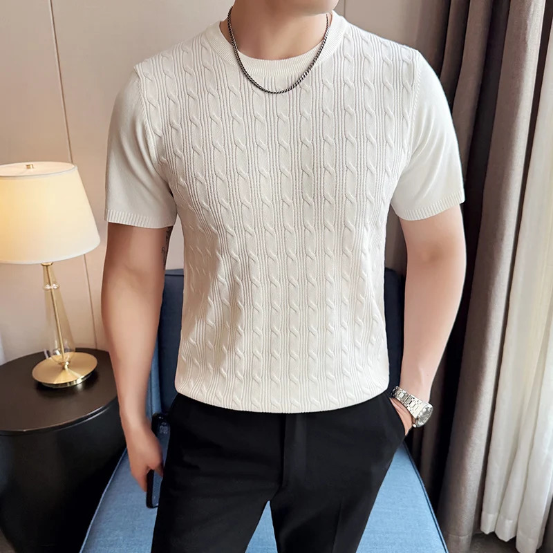 Summer Breathable T-Shirts for Men Korean Clothing O-Neck Short Sleeve Knitted Mens T Shirt Fashion Hollow Tops Tees 4XL 260311