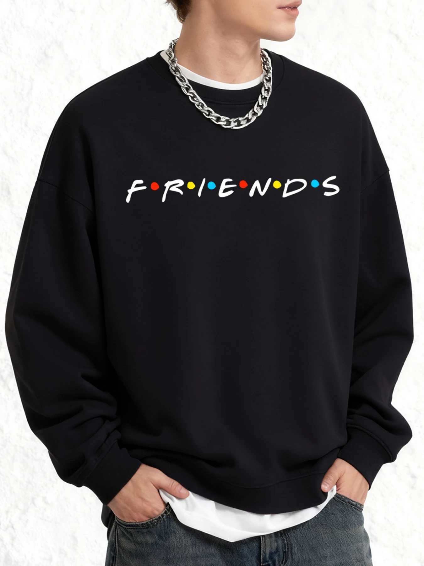 We Are Friends Printed Men Oversize Sweatshirt Simple Loose Pullover All-Match Clothes Dropped Shoulder O-Neck Long Sleeve M260312