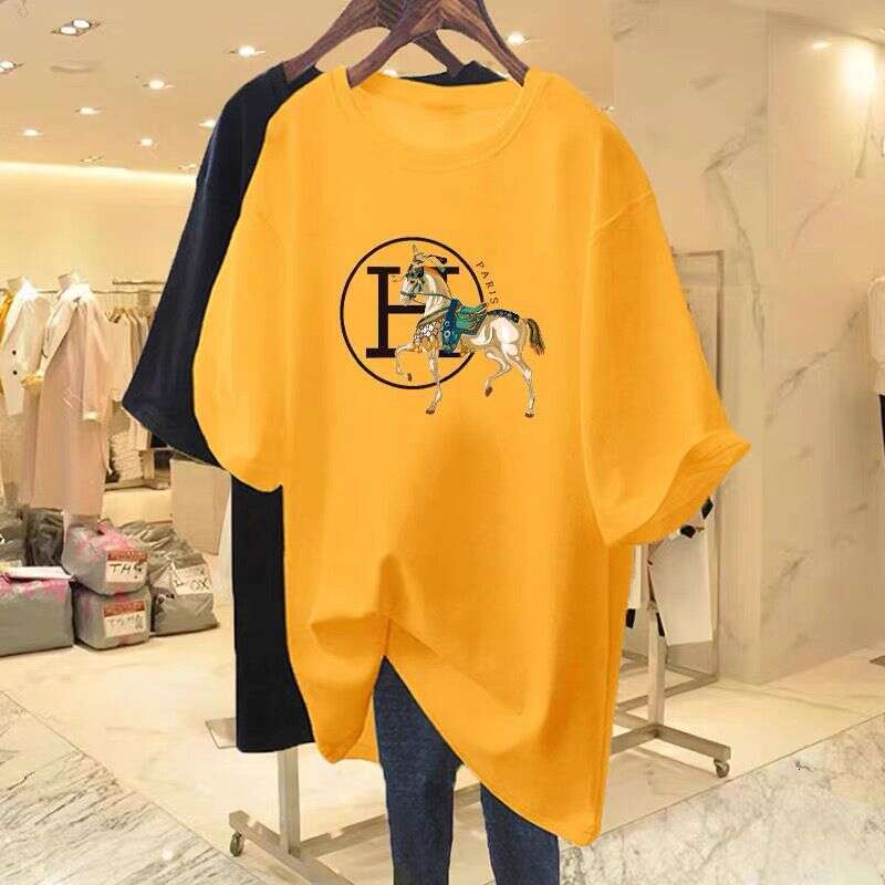 Horse-Patterned Dragon Fruit Red Women's T-Shirt New Model, Pure Cotton, Loose-Fitting, Mid-Length Short-Sleeve T-Shirt Asia Size