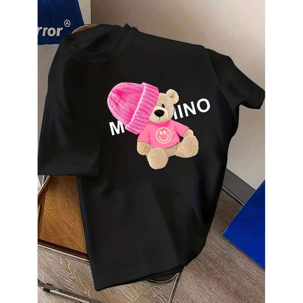 Graphic T-Shirt Short Sleeve Crew Neck with Soft Comfortable Spring Women's Light Blue Casual Teddy Bear Z260312