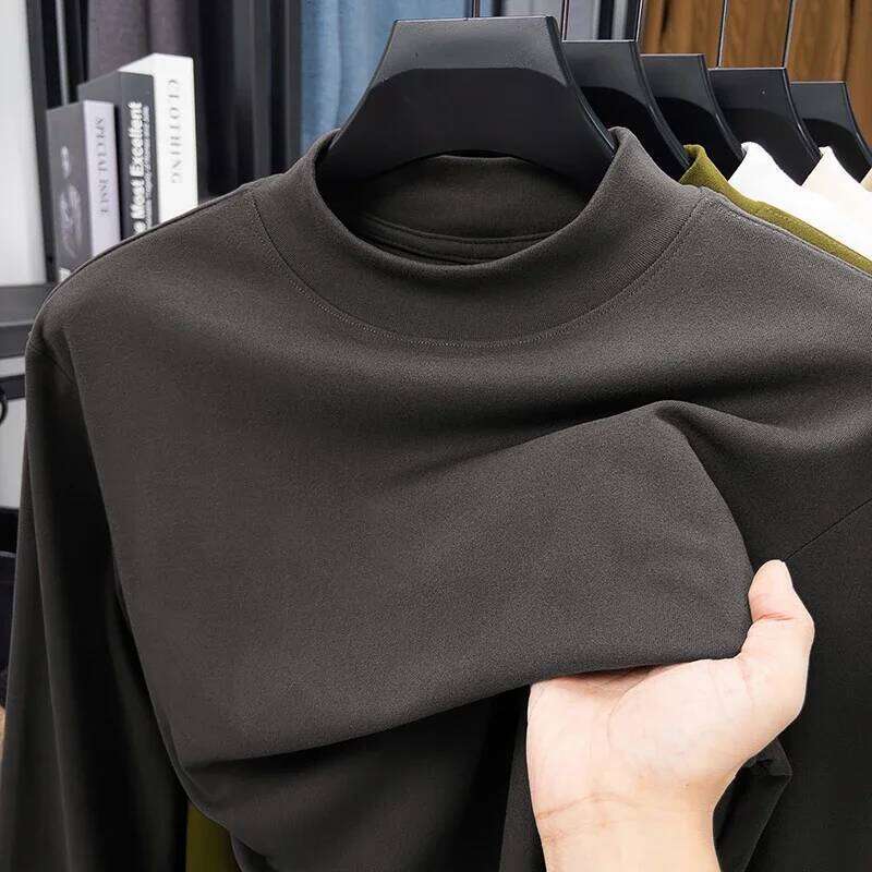 2025 New Men's Casual Solid Color High Collar Velvet Long Sleeve T-shirt Spring and Autumn Versatile Comfortable Top