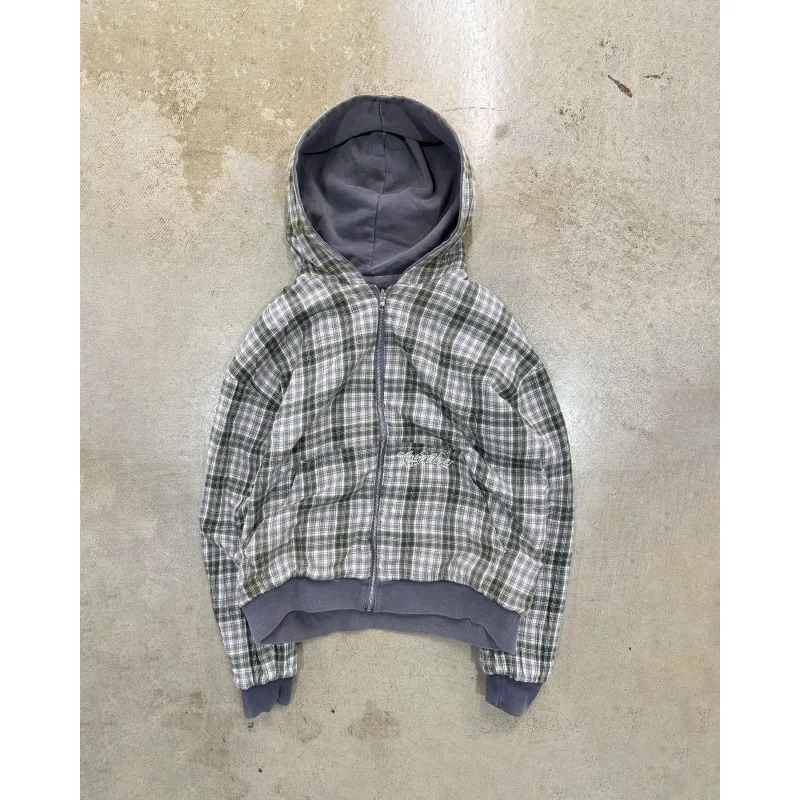 Spring and Autumn American Trendy Double sided Stand up Hoodie cardigan casual workwear plaid jacket 260311