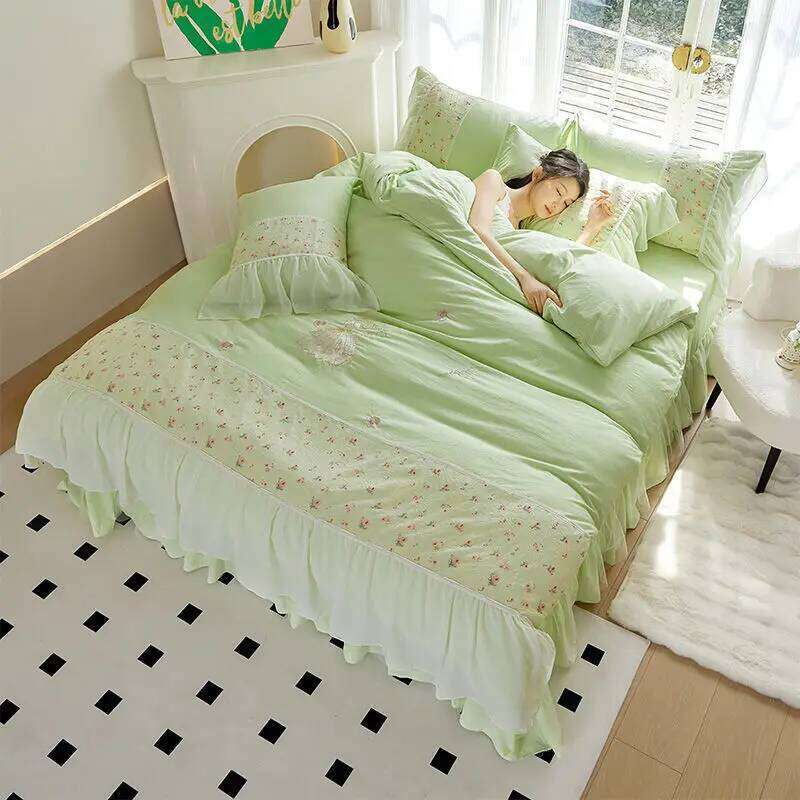 Washed Cotton Four-piece Korean Princess Ruffled Sheet Quilt Cover Set Skirt Ins Style Bed Three-piece H260312