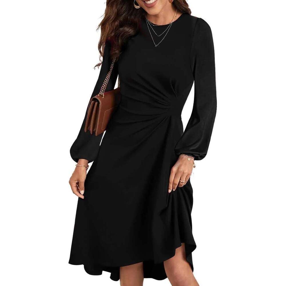 2025 New Women's Long - sleeved Black Maxi Dress with Ruched Waist Detail C260312