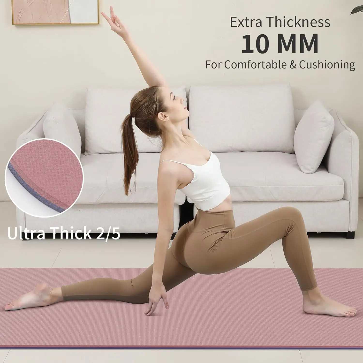 Non-Slip Anti-Tear Extra Thick 10mm Yoga Mat High Resiliency for Workout Yoga Pilates 72x24 inches with Strap M260312