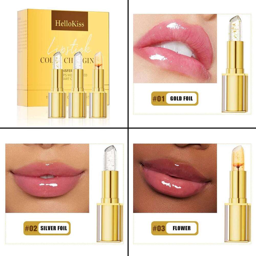3pcs Lipstick Set Flower Jelly Crystal Clear Long Lasting Lips Color Change Pink lip gloss Cosmetics W260311
