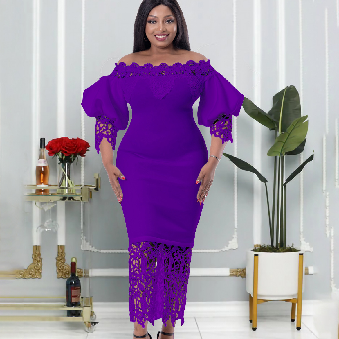 D247 New Off-Shoulder Bodycon Lace Patchwork Lantern Sleeve Dress