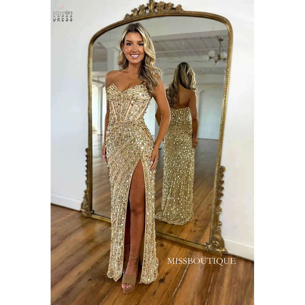 Sparkly Gold Sequined Mermaid Prom Dresses Sweetheart Long Corset Evening Gowns With Slit Junior Gala Birthday Party Wears F27bc22014 B0312