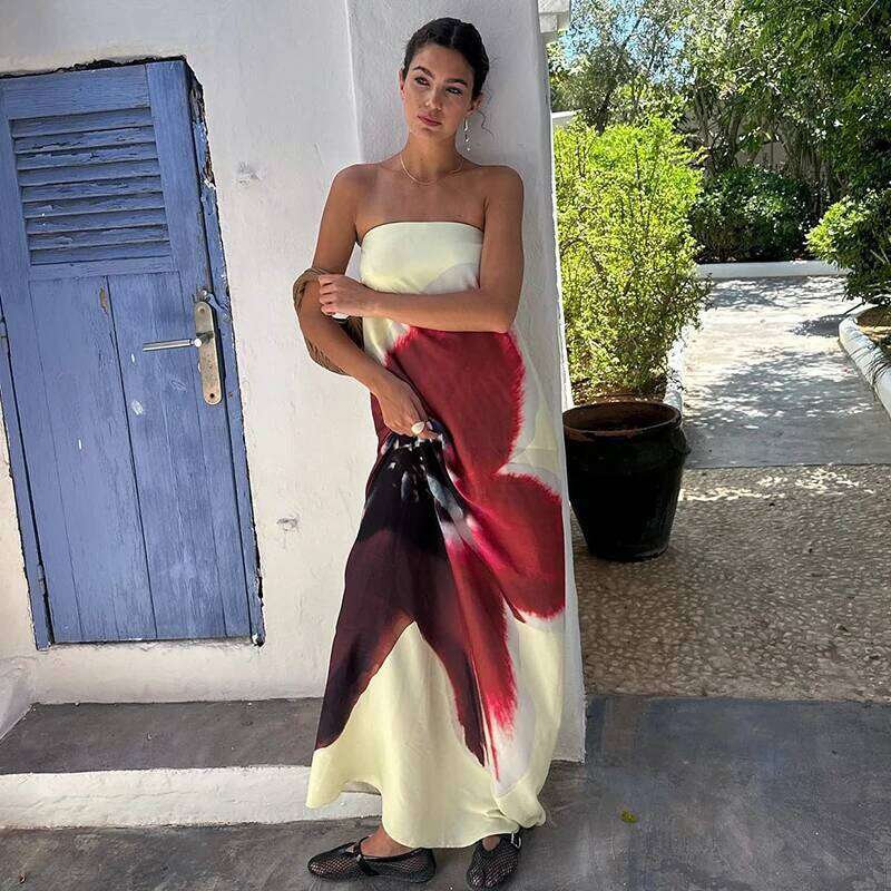 CUTENOVA Sexy Strapless Print Floral Belt Women Maixi Dress Yellow Backless High Waist Dresses Summer Holiday Elegant Beachwear C260312