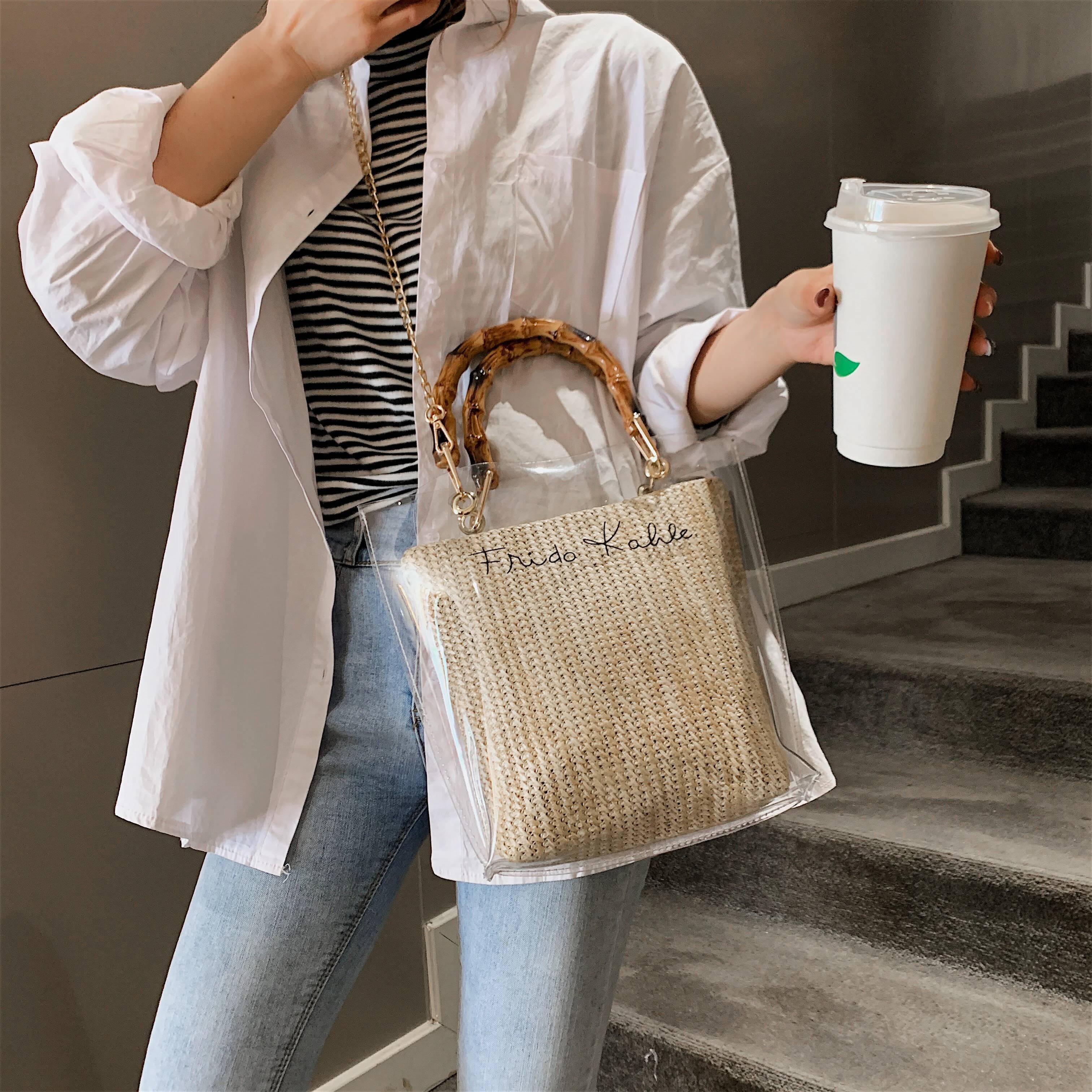 Slub Handle Transparent Bags For Women 2026 Summer Travel Shoulder Simple Crossbody Handbags Lady Beach Hand Bag