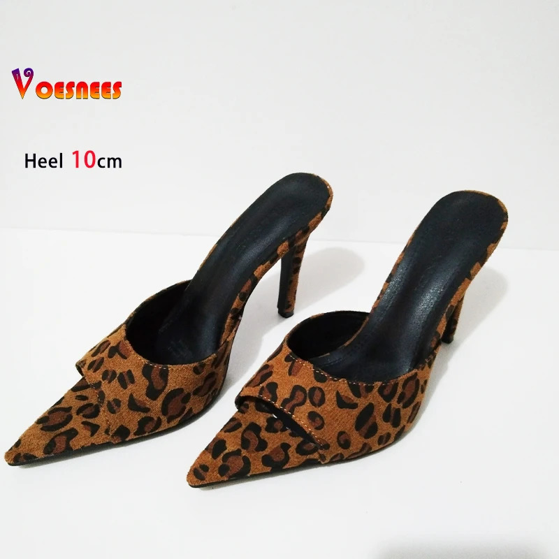 Pointed Toe Slippers For Ladies Fashion Leopard Print 2025 Summer Mules Shoes 10CM Thin High Heels Elegant Women Suede Sandals 260306