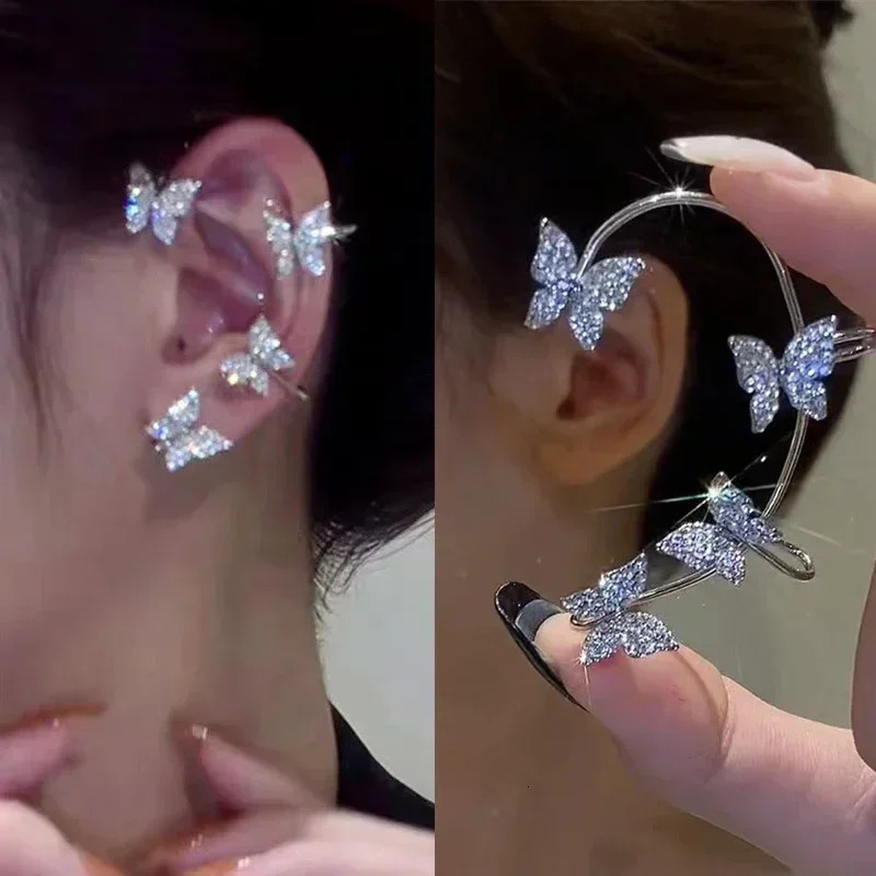 Clip Earrings Silver Color Metal Butterfly Ear Without Piercing for Women Sparkling Zircon Cuff Wedding Fashion Jewelry 260309