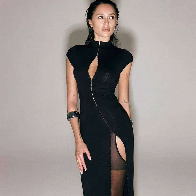 Chic Black Hollow Out Slit Dress Women Fashion Short Sleeve Solid High Neck Slim Fit Maxi Dresses Lady Evening Party Club Robe C260312
