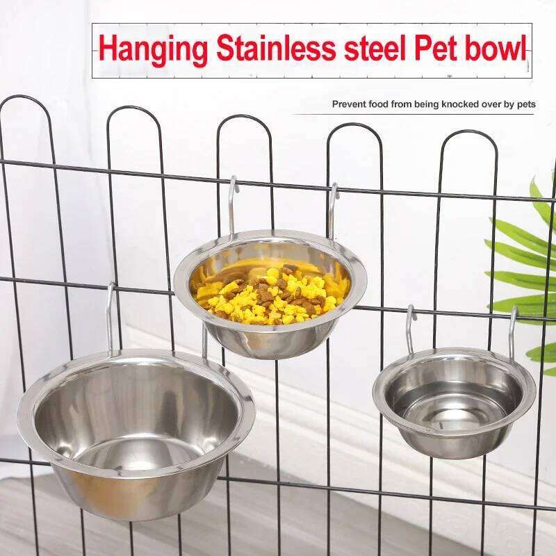 Stainless Steel Pet Hanging Bowl Feeding Dog Puppy Cat Bird Parrot Food Water Cage Cup Holder with Hook Feed Products 26Y0312