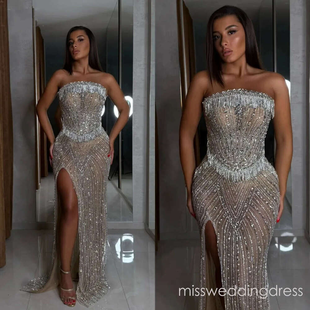 Luxury Crystal Evening Dresses Rhinestone Tassel Prom Gown Side Split Sleeveless See Through Mermaid Customized Vestidos De Noche Plus Size